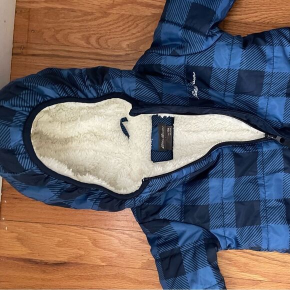 Eddie Bauer Snowsuit Baby 12 Month Navy Blue Plaid Cream Sherpa Down Hooded Suit - Picture 5 of 7